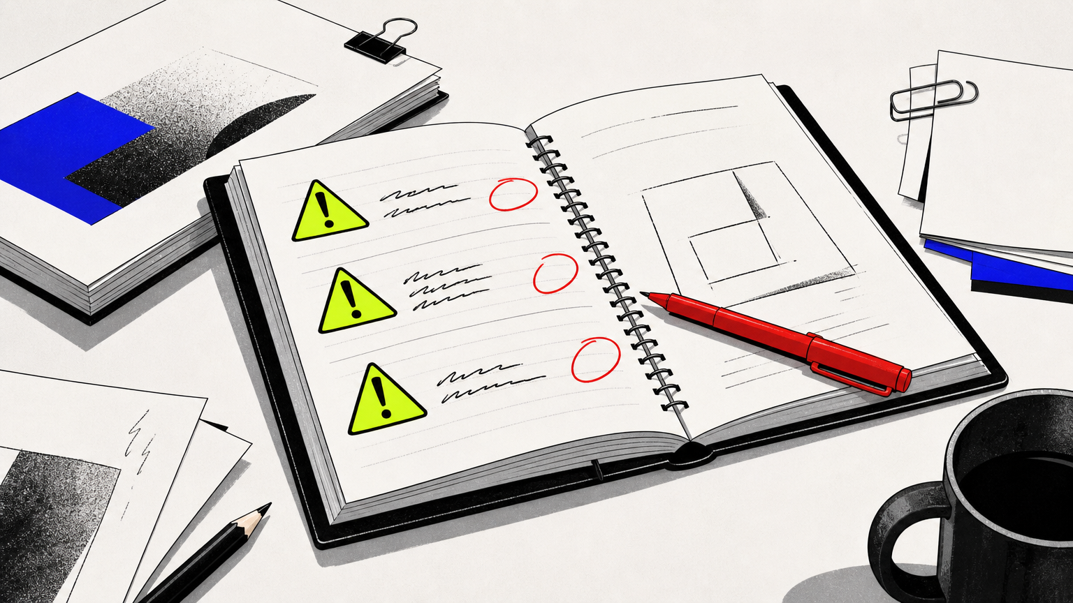A notebook showing red-flag checklist items for packaging agency evaluation, representing the vetting process for avoiding poor creative partnerships.