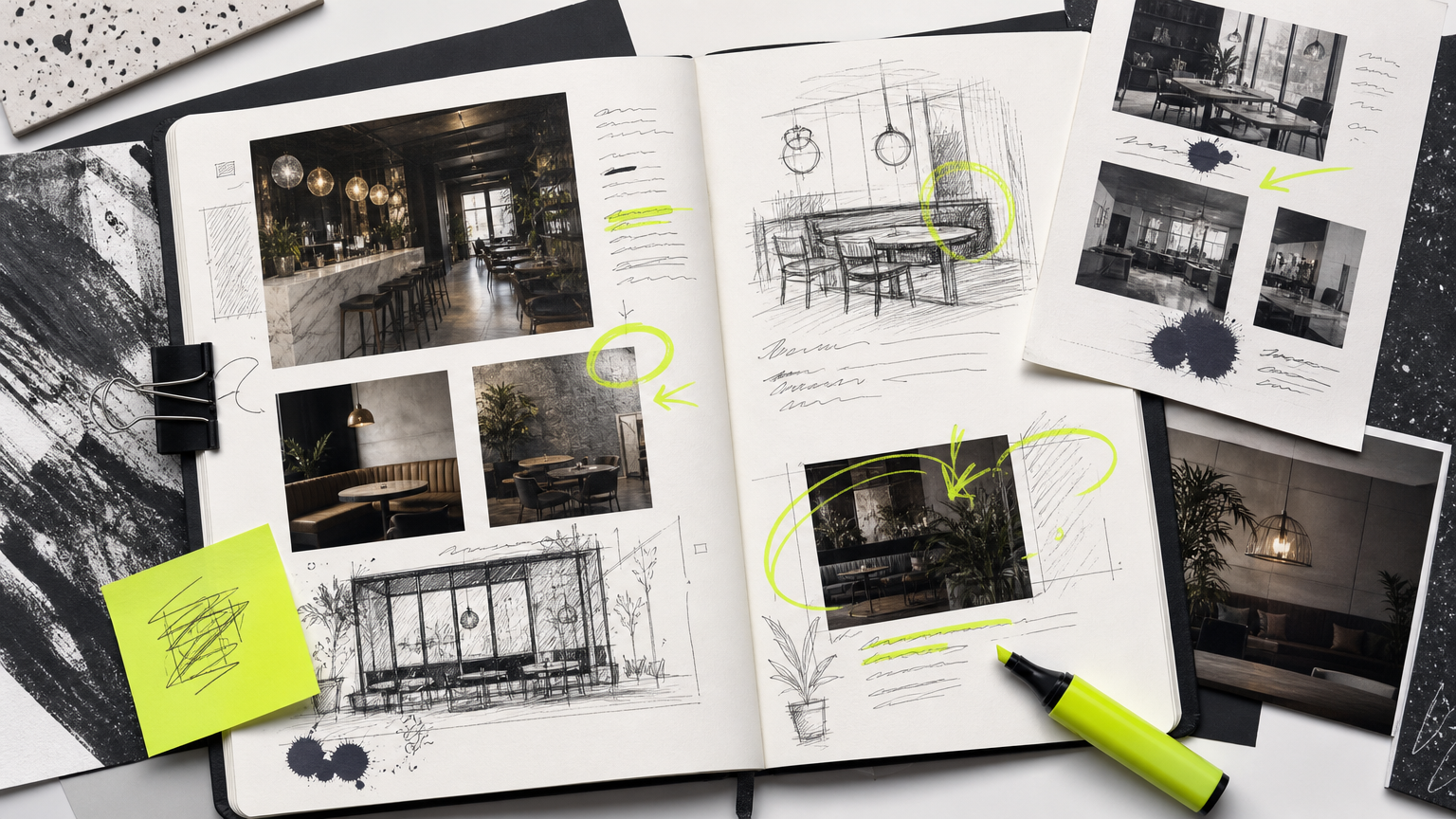 Restaurant branding project brief with detailed scope notes, competitor research, and deliverable annotations showing what drives pricing.