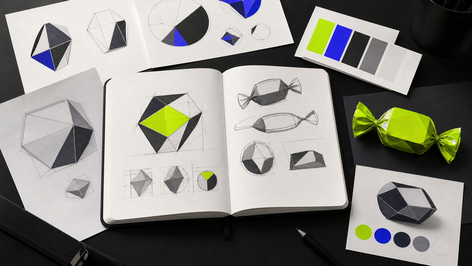 A designer's workspace showing candy branding elements including logo sketches, color palettes, and packaging samples laid out together as a cohesive system.