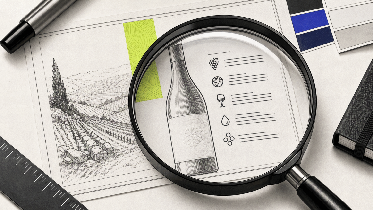 A close-up view of a wine label with typography and regulatory information visible, examined with a magnifying glass on a work surface.