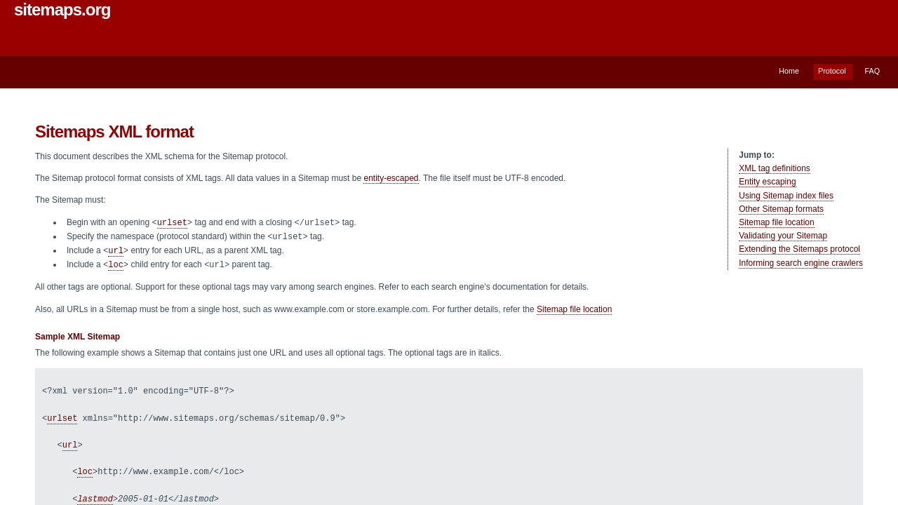 The sitemaps.org protocol page showing official XML sitemap structure and tag specifications.
