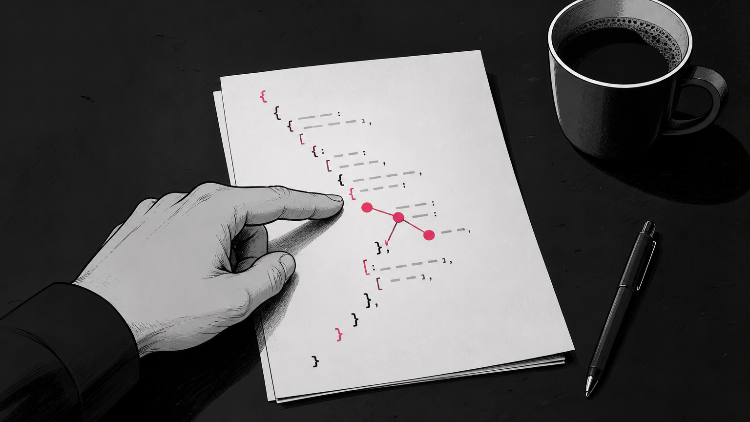 Close-up of a JSON entity map structure on printed paper, with a hand indicating the relationship between nodes, illustrating machine-readable entity declarations.