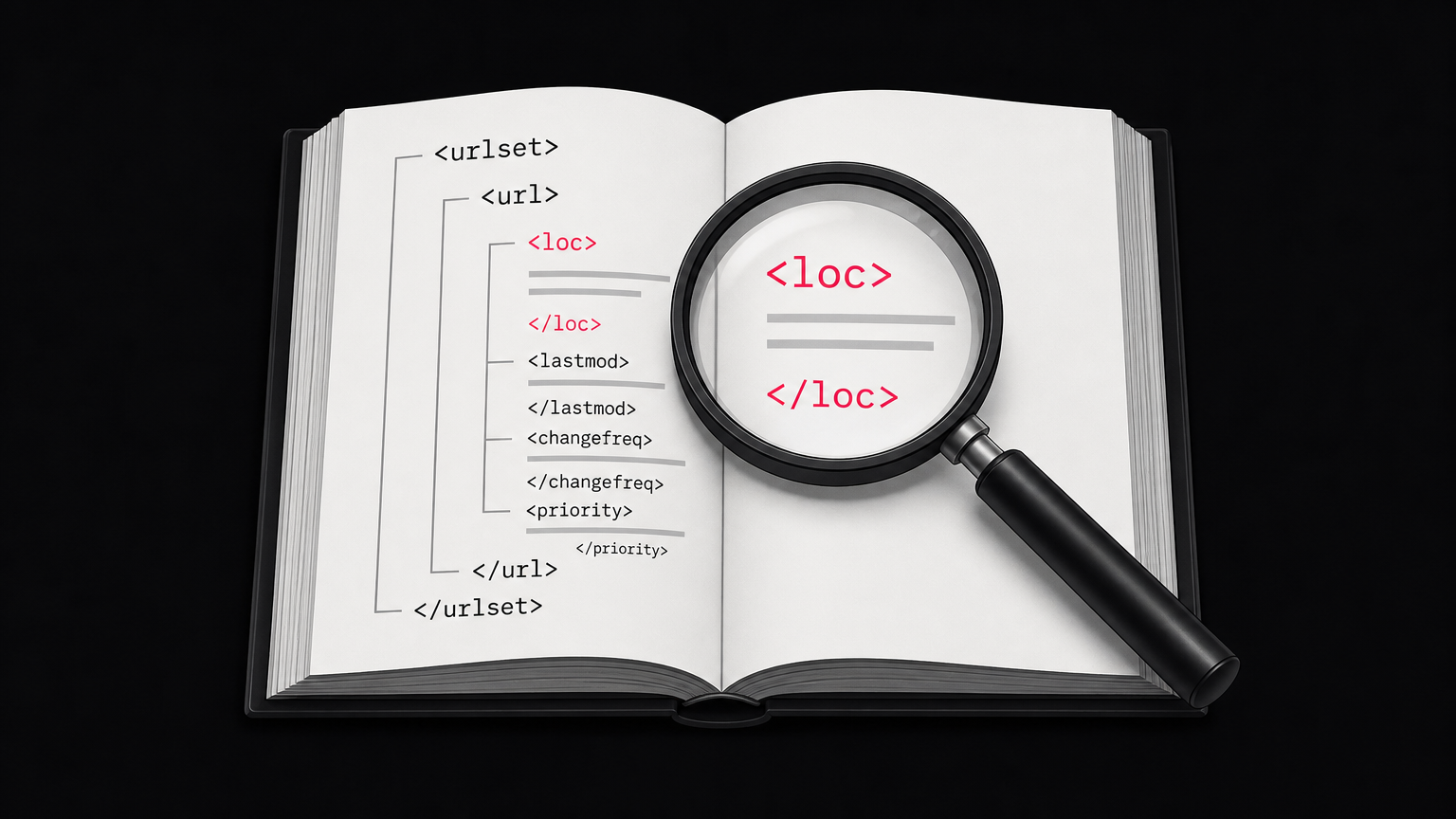 Close-up view of XML sitemap structure with focus on the three required tags: urlset, url, and loc.