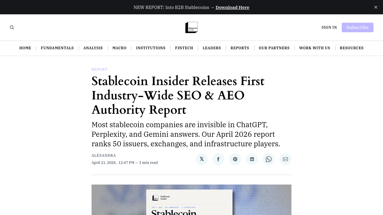 Stablecoin Insider AEO authority audit report revealing visibility gaps across issuers and wallets in AI-generated answers