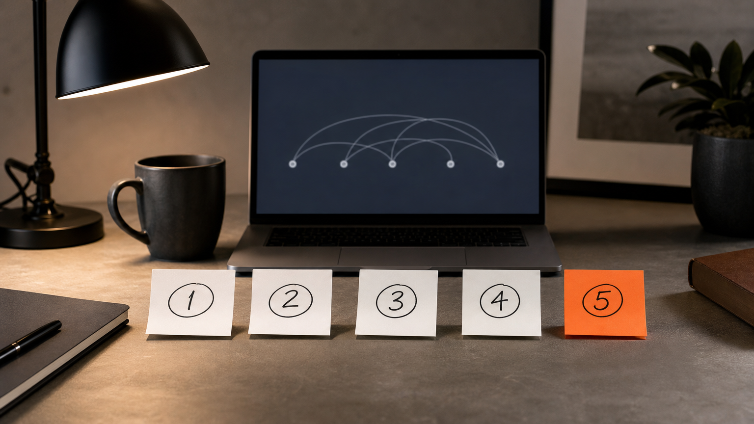 Five ordered automation steps displayed on a workspace, illustrating the sequential process of automating core business systems without skipping ahead.