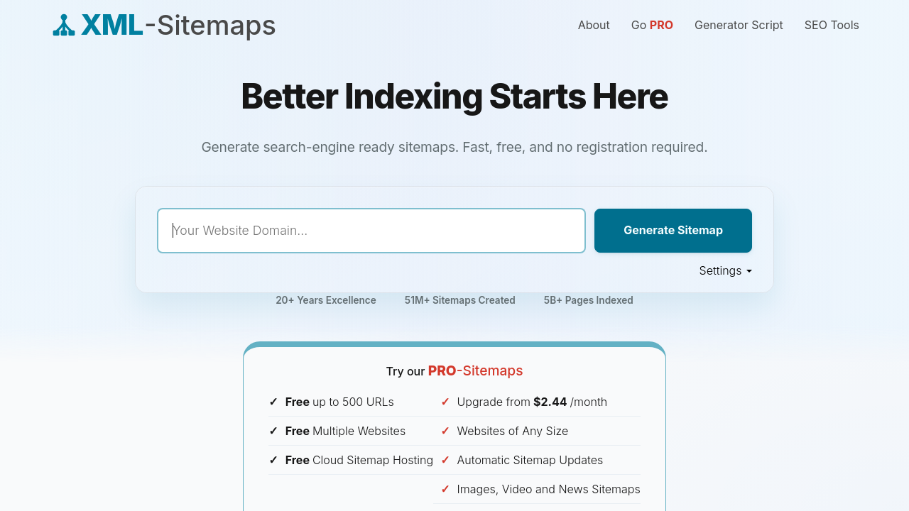 The xml-sitemaps.com tool interface for creating and generating sitemaps, showing upload and configuration options.