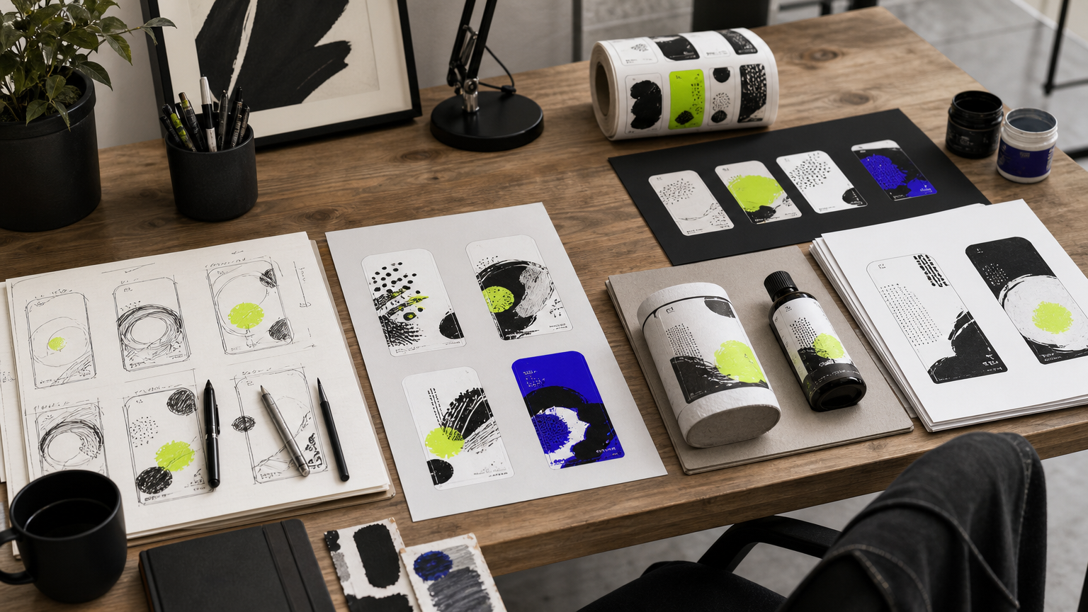 A designer's workspace displaying wine label sketches, digital mockups, and printed samples showing the design iteration process.