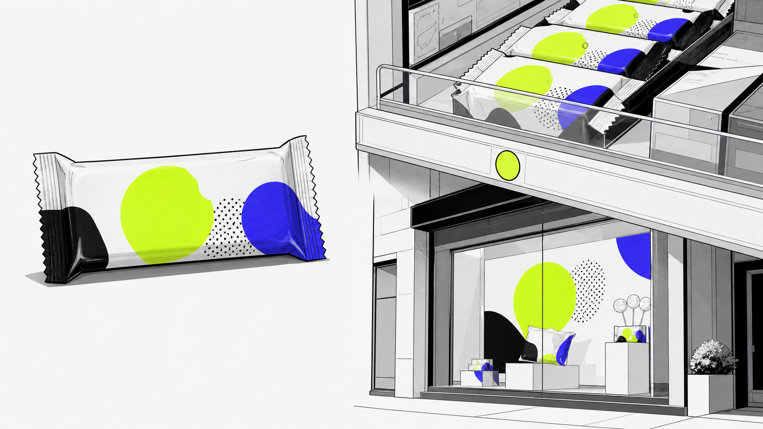 A candy package shown at different scales—wrapper detail, shelf presentation, and store window context—demonstrating the three layers of branding integration.