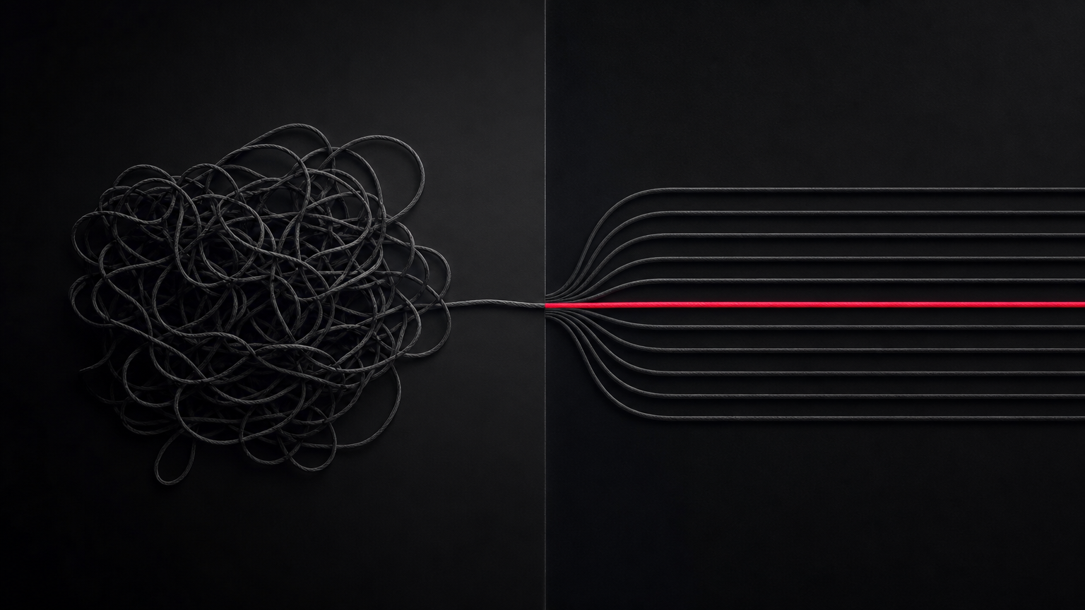Visual contrast between chaotic unstructured content (tangled threads) and clear structured entity relationships (parallel lines), showing why machine-readable entity maps matter for AI visibility.