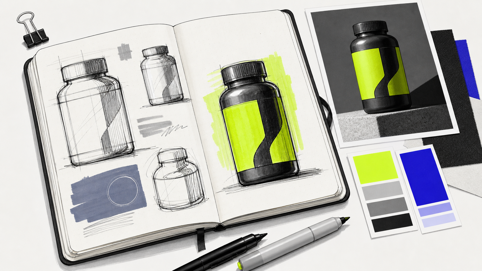 Label design workflow shown through design documents: initial sketches, printed proofs, and color reference materials on a designer's workspace.
