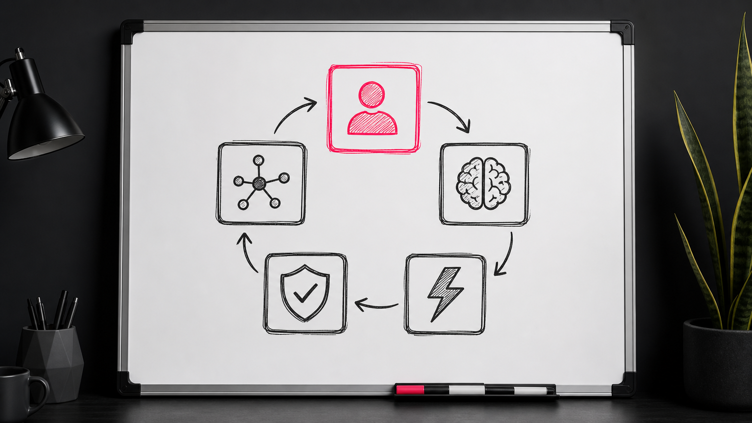 Five core components of an AI marketing agent (Role, Knowledge, Actions, Guardrails, Channels) sketched on a whiteboard, showing agent architecture.