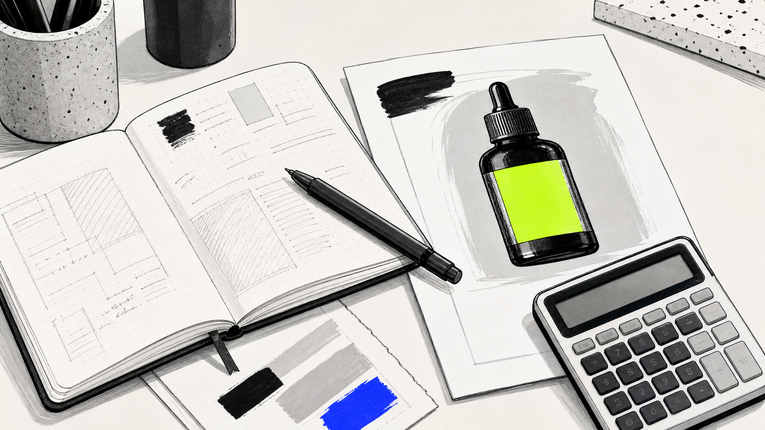 A designer's workspace showing a notebook, calculator, and sample label mockup, representing budget planning and cost estimation for label design projects.