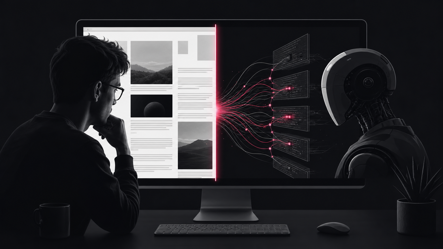 Contrast between human webpage browsing and AI agent autonomous evaluation of crypto content.