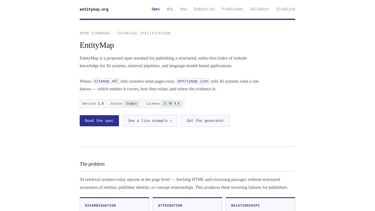 EntityMap.org interface showing a structured entity definition with name, relationships, and evidence properties clearly labeled.