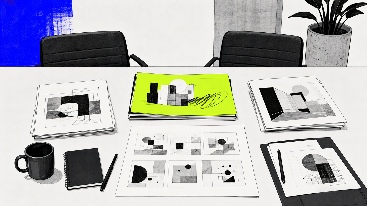 Agency proposals and briefs arranged on a conference table during selection review, showing structured evaluation and comparison process for packaging partners.