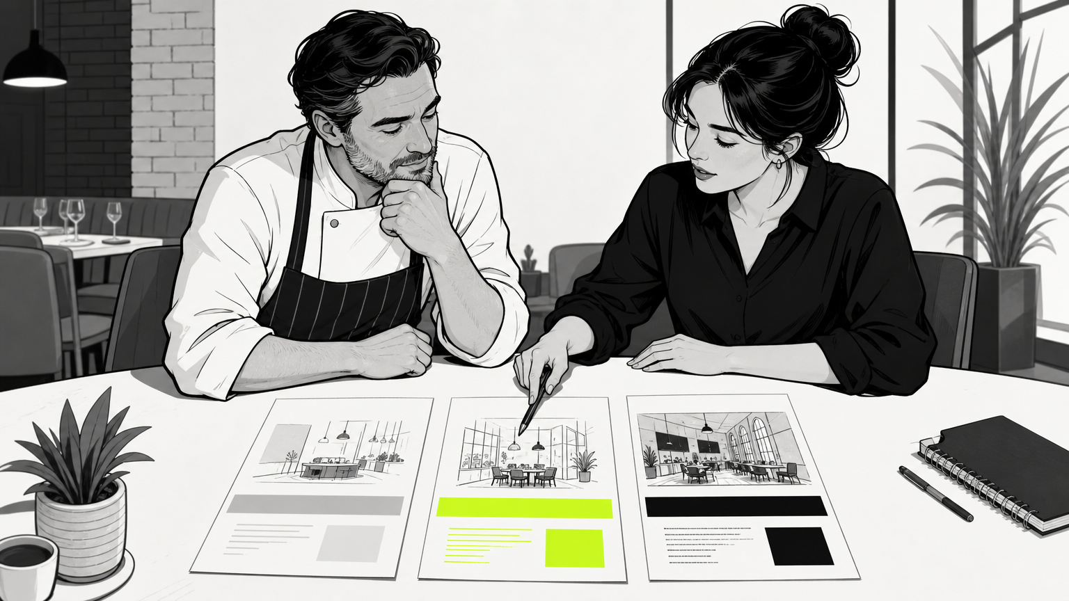 Restaurant owner reviewing multiple branding proposals showing different pricing tiers and scope levels during an agency consultation.