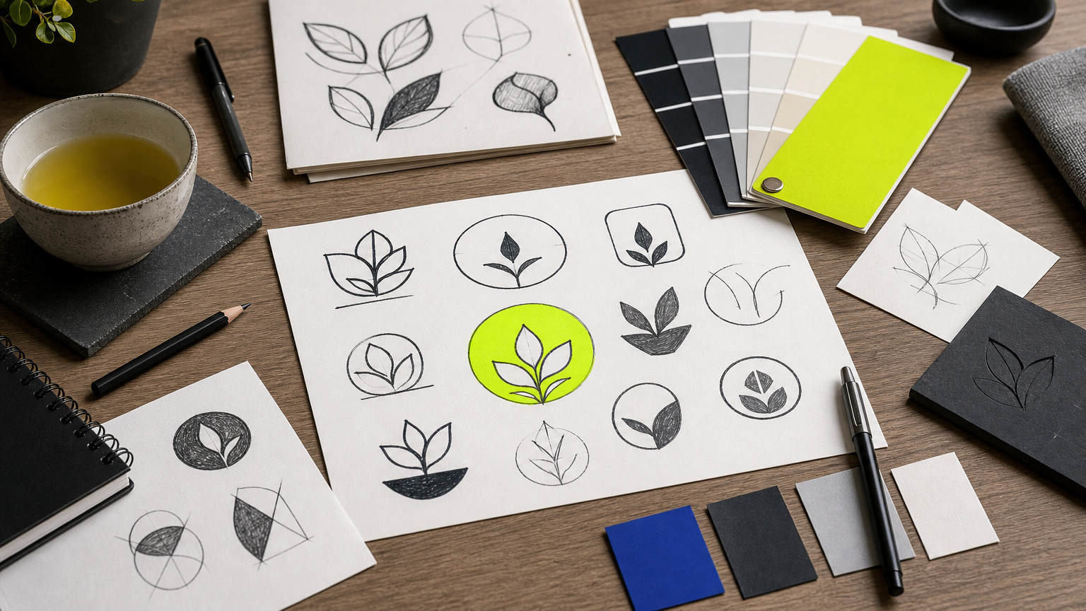 A designer's workspace showing logo sketches, color palette swatches, and typography samples arranged on a desk, illustrating the core design elements of tea branding.