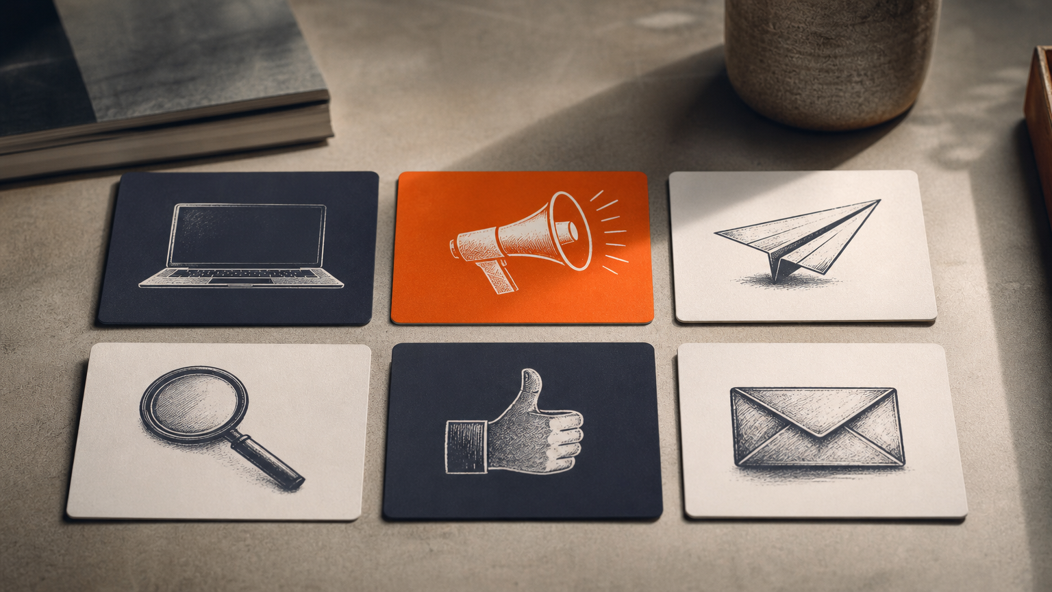 Different traffic source channels represented as distinct visual elements on a work surface