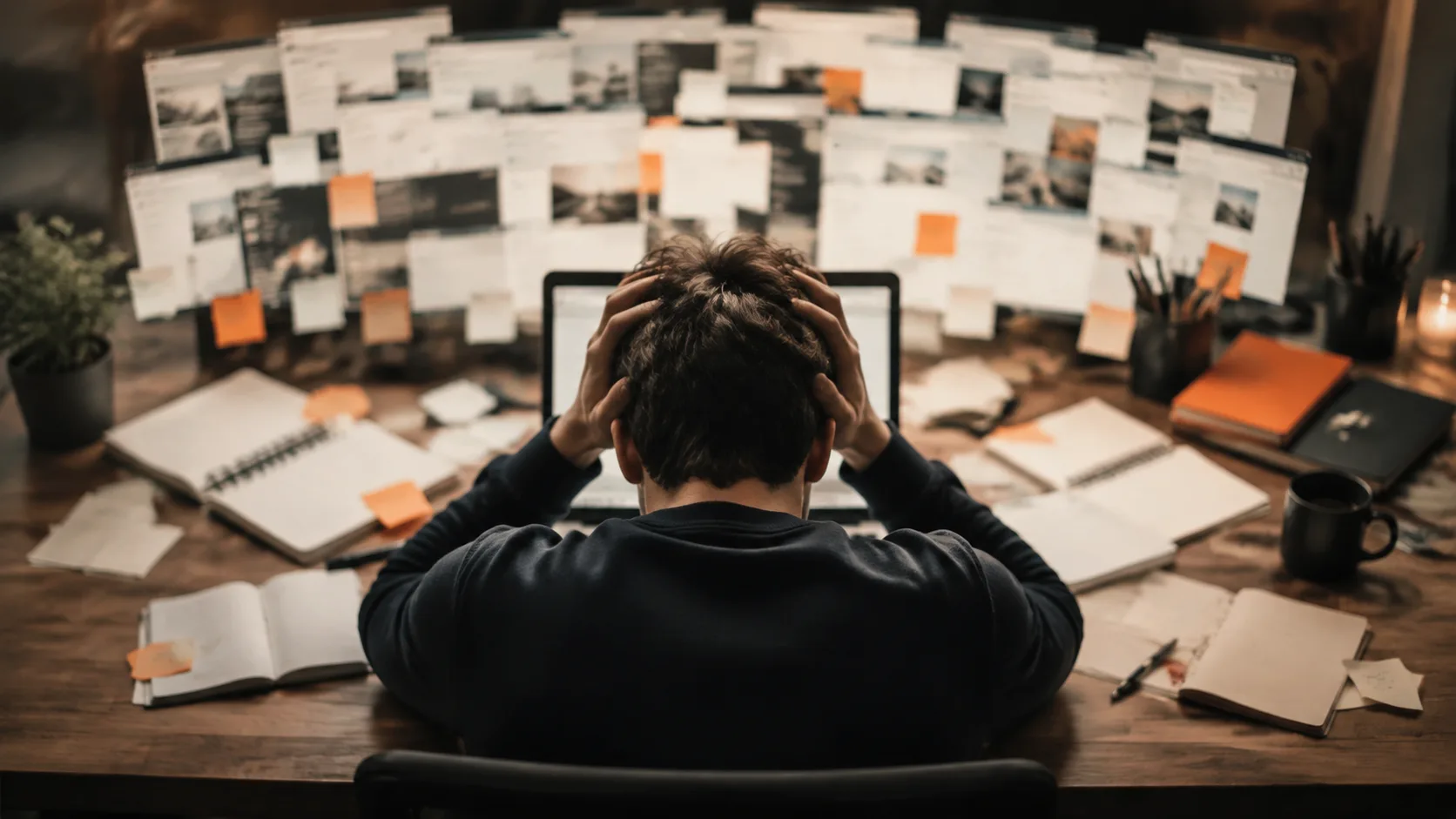 A visual representation of beginner affiliate marketers facing information overload from conflicting advice and too many niche options.