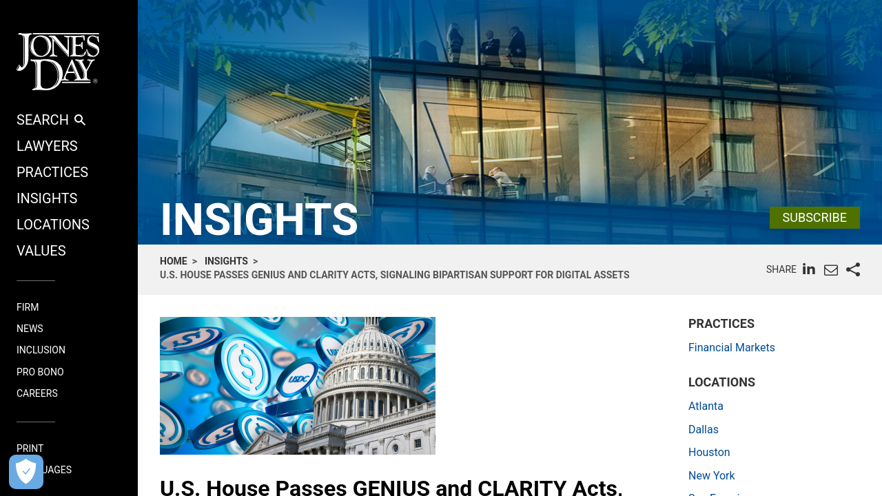 Jones Day legal insights article analyzing the bipartisan passage of the GENIUS Act and digital asset legislation framework.