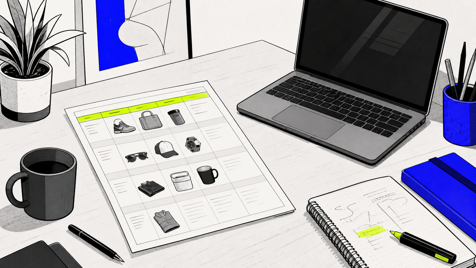 An ecommerce specialist's workspace displays Google Shopping product feeds, SEO keyword research, and paid campaign notes鈥攃ore services agencies manage daily.