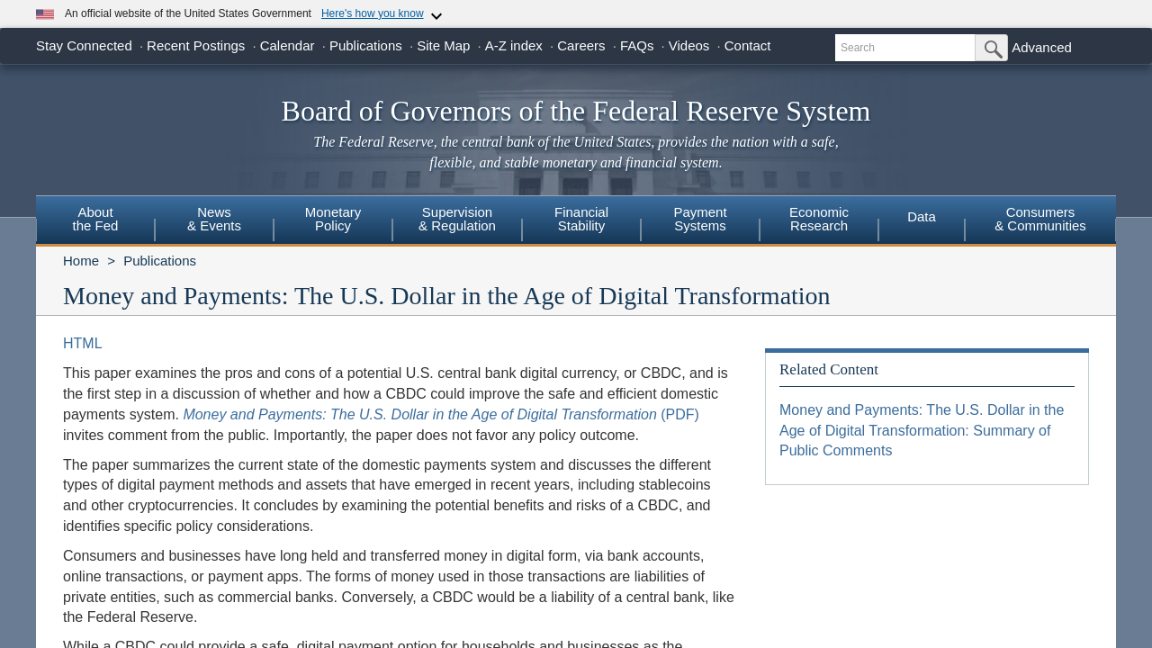 The Federal Reserve's official CBDC discussion paper showing definitions of central bank digital currency and liability structure.