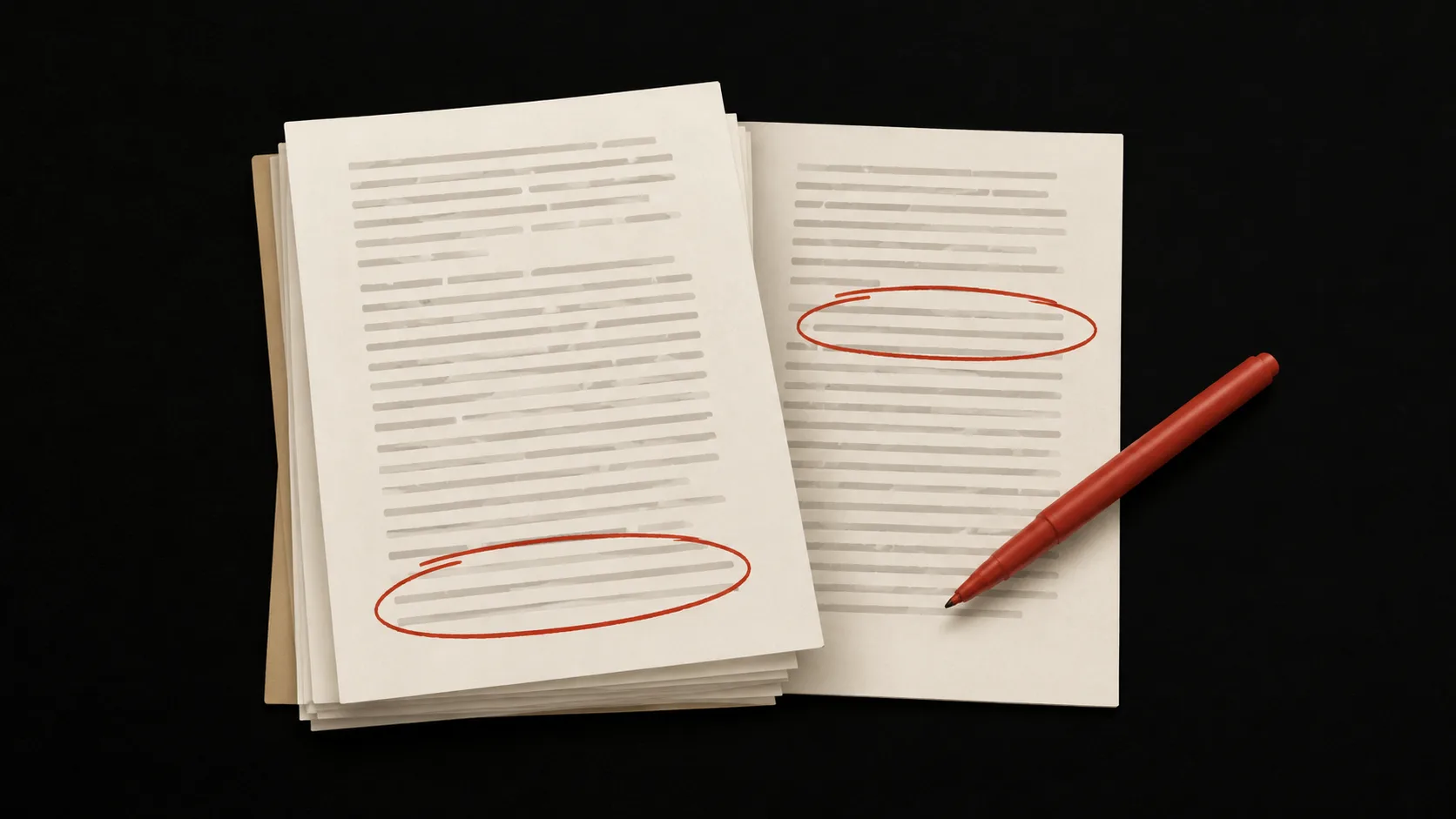 A manuscript page with red pen marking two critical turning points in the text, showing how plot points redirect the narrative arc.