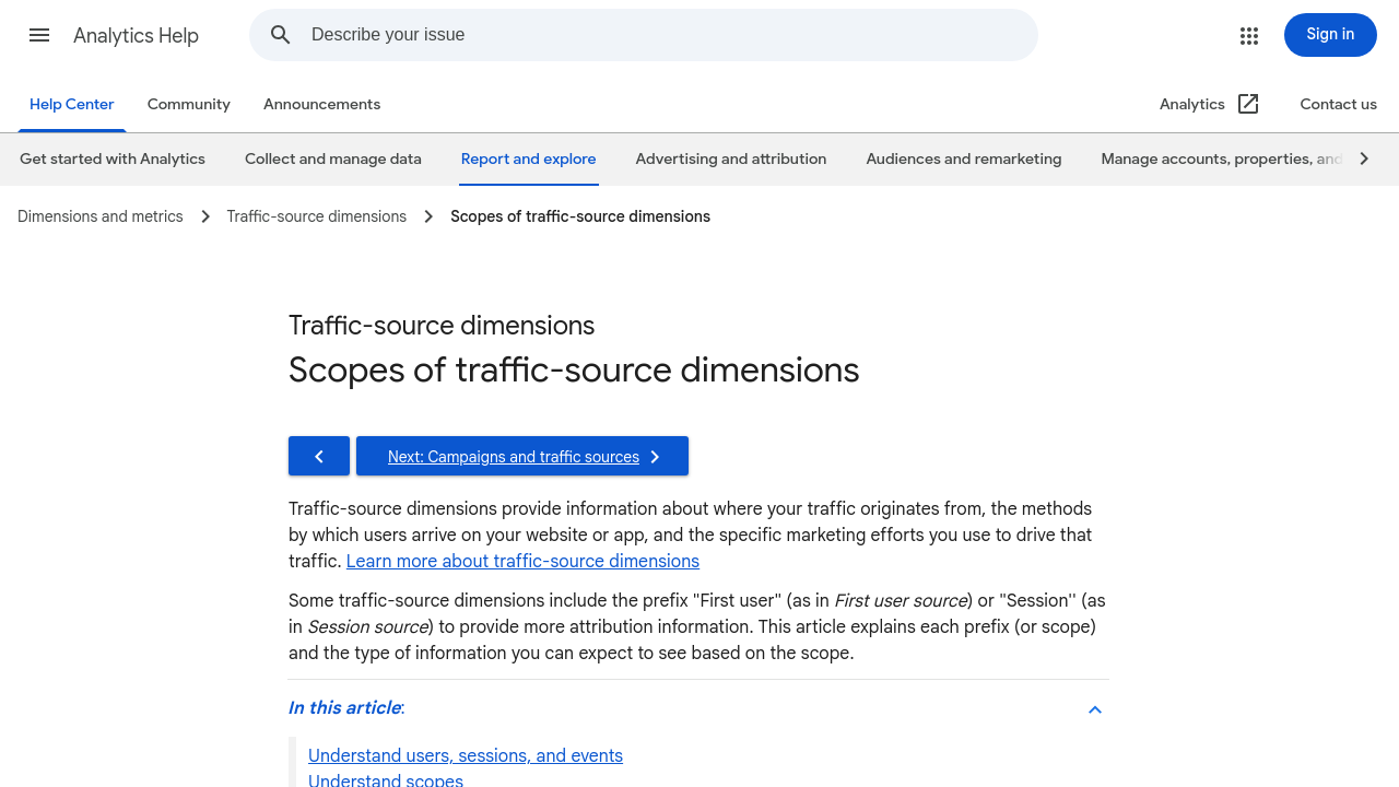 Google Analytics 4 interface displaying traffic sources, mediums, and default channel groupings used to measure web traffic.