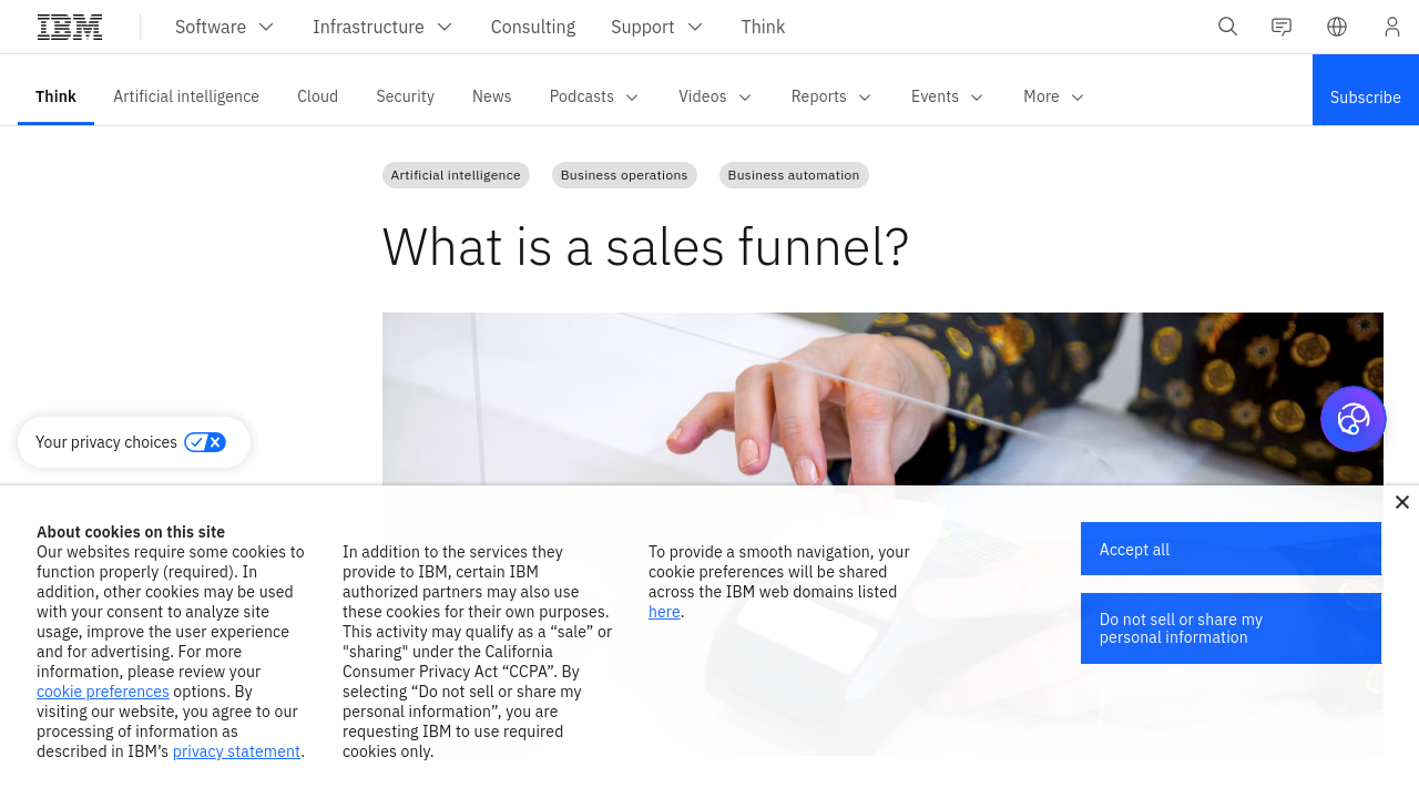 IBM's definition of a sales funnel, showing how customer journeys are mapped from awareness to purchase.