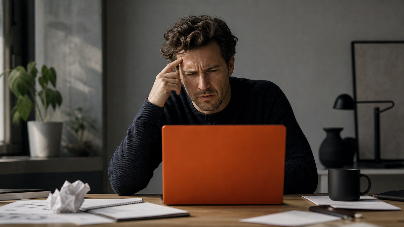 A business owner confronting poor conversion metrics, highlighting the cost of not measuring funnel effectiveness.