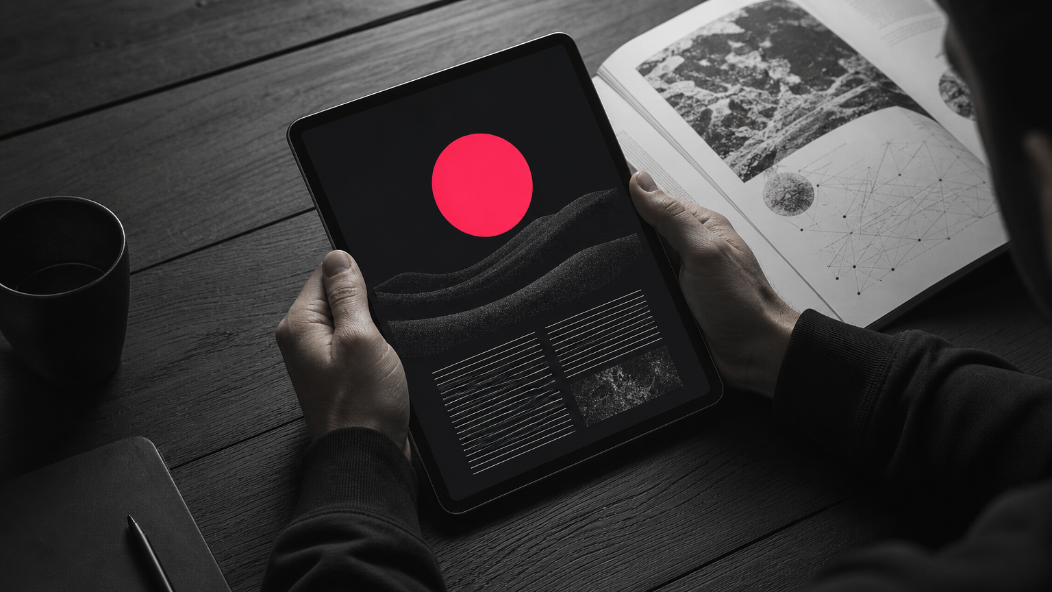 Person reading blockchain educational content on tablet with printed reference materials on desk.