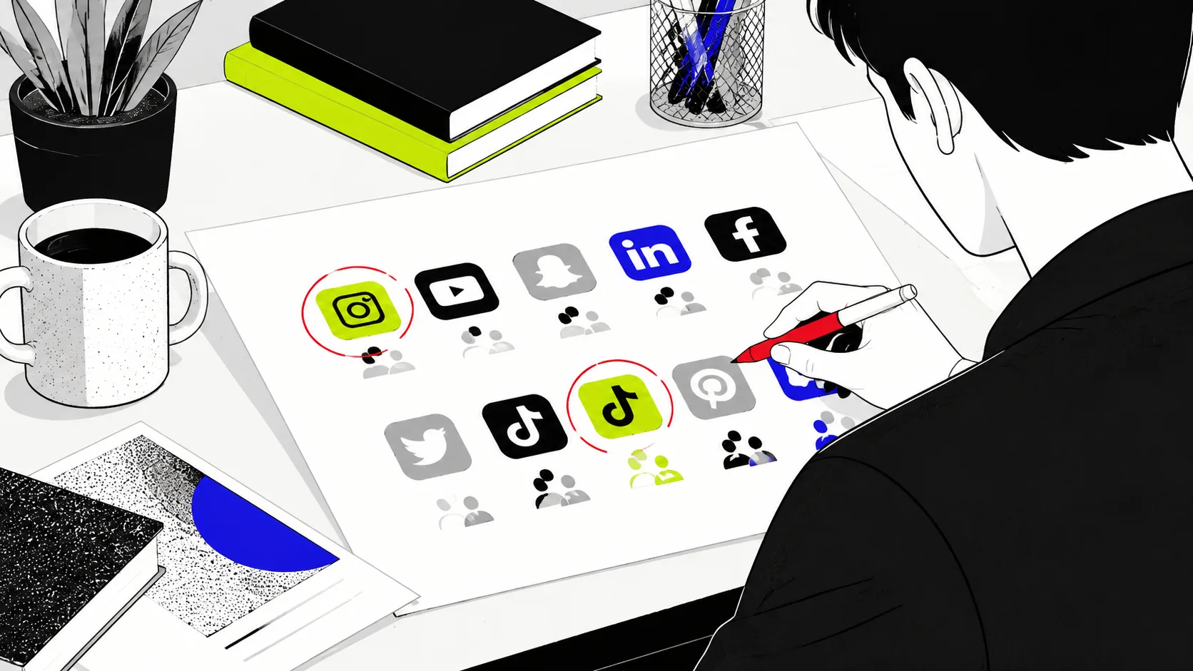Platform selection process for paid social showing social media channel logos evaluated for brand fit and audience alignment