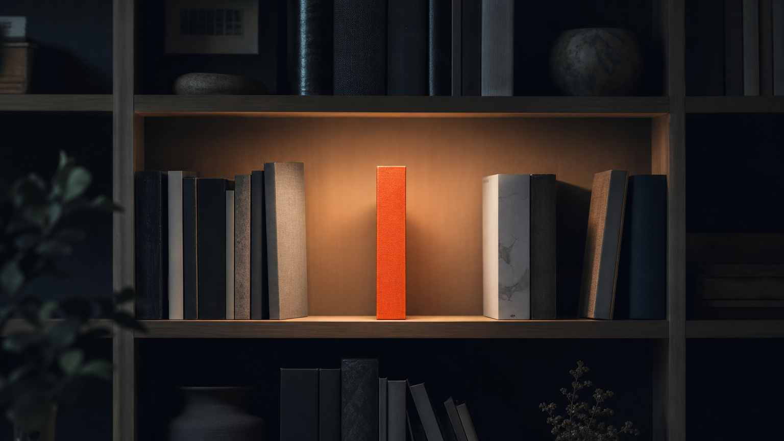 A bookshelf with one shelf brightly lit, representing the concept of a niche as a focused, ownable area within a larger subject.