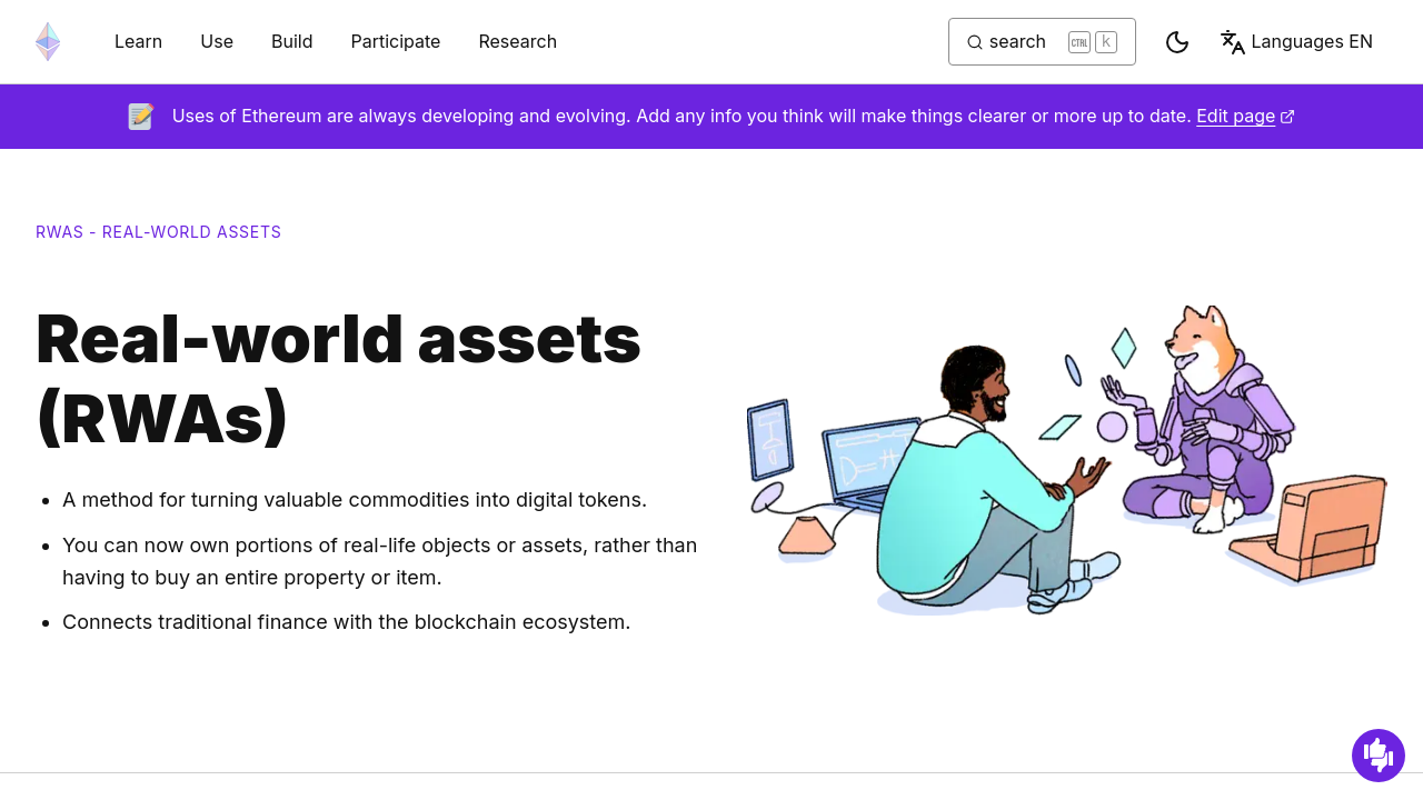 Ethereum's real-world assets informational page showing token definitions and use cases.