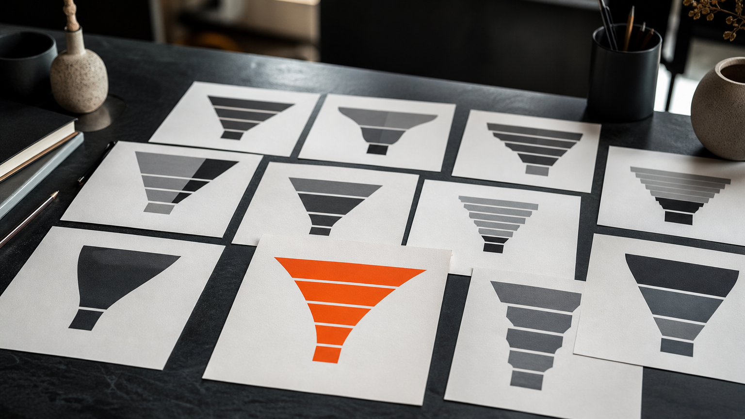Several different sales funnel template types laid out on a desk, showing variations in structure and design.