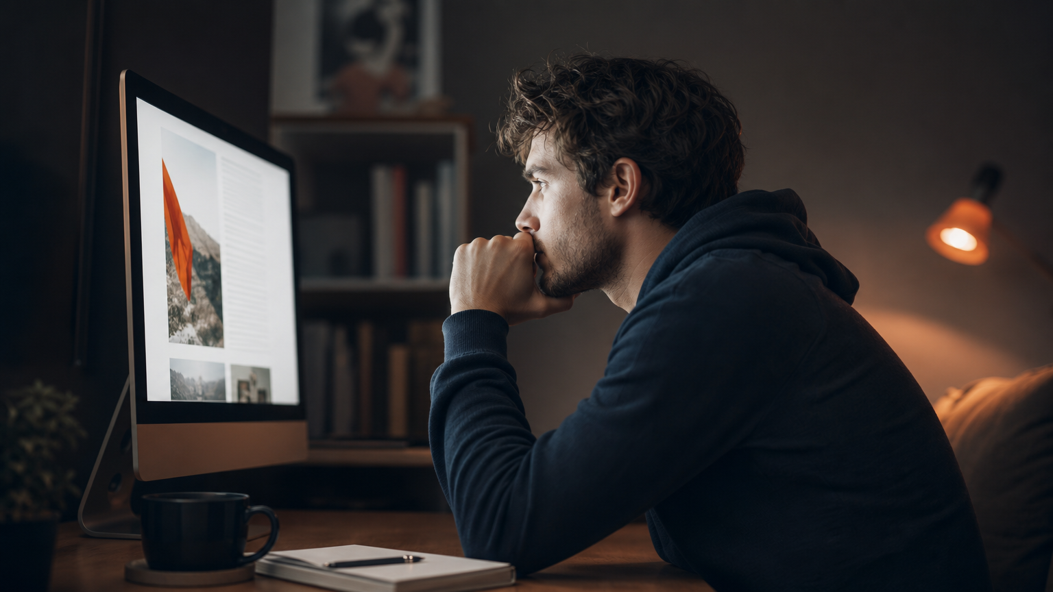 A person reading content on a monitor at their desk, illustrating how an affiliate funnel builds trust through helpful articles before directing to an offer