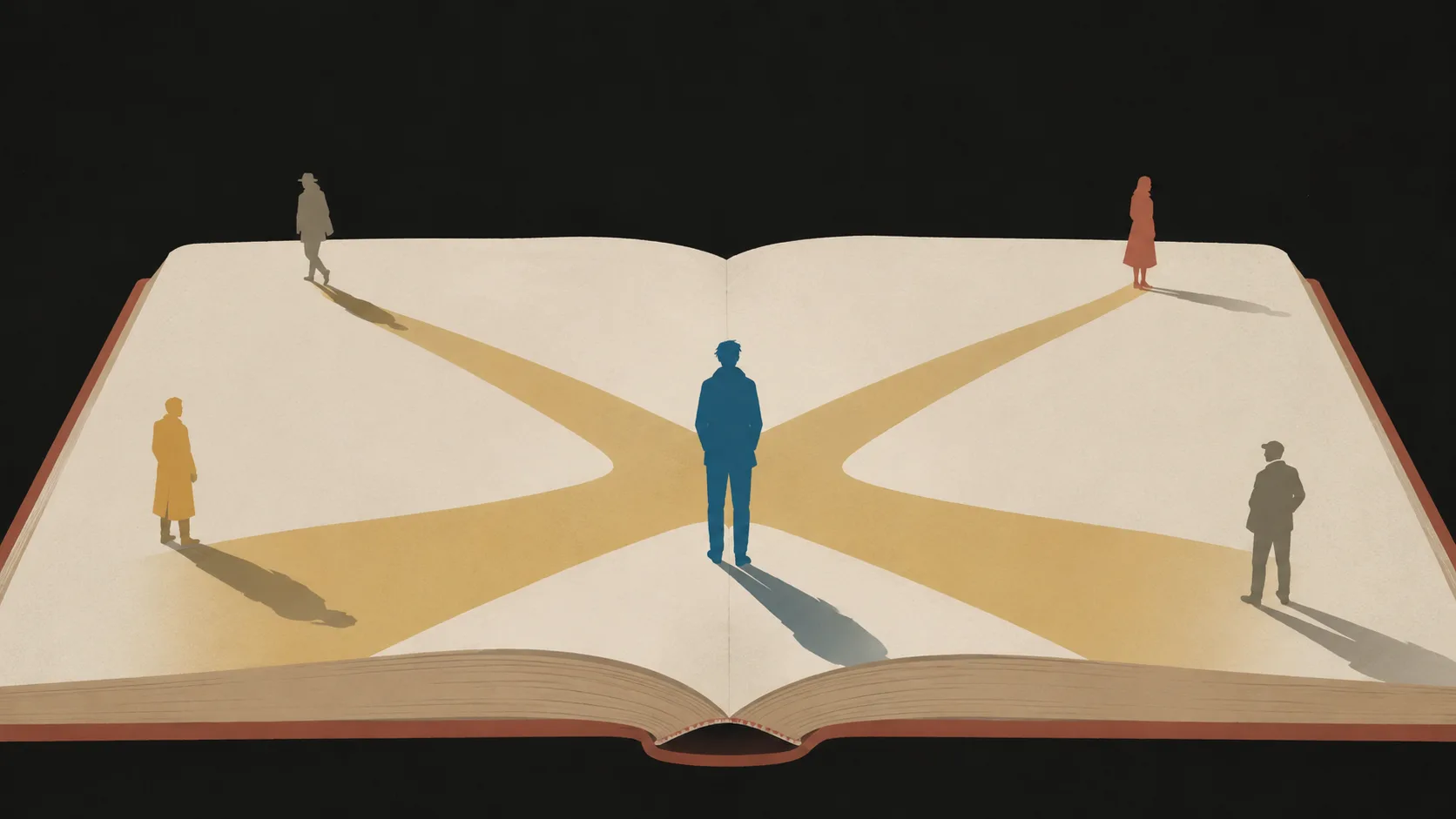 Character surrounded by other figures representing how secondary characters and turning points function as structural engines in a novel.