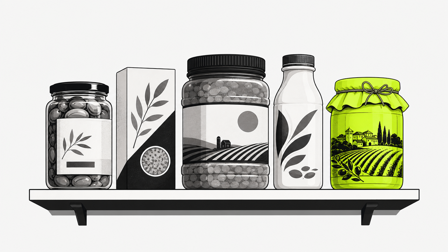 Various food and beverage products displayed on shelf, showing different positioning tiers and competitive shelf placement for CPG brands.