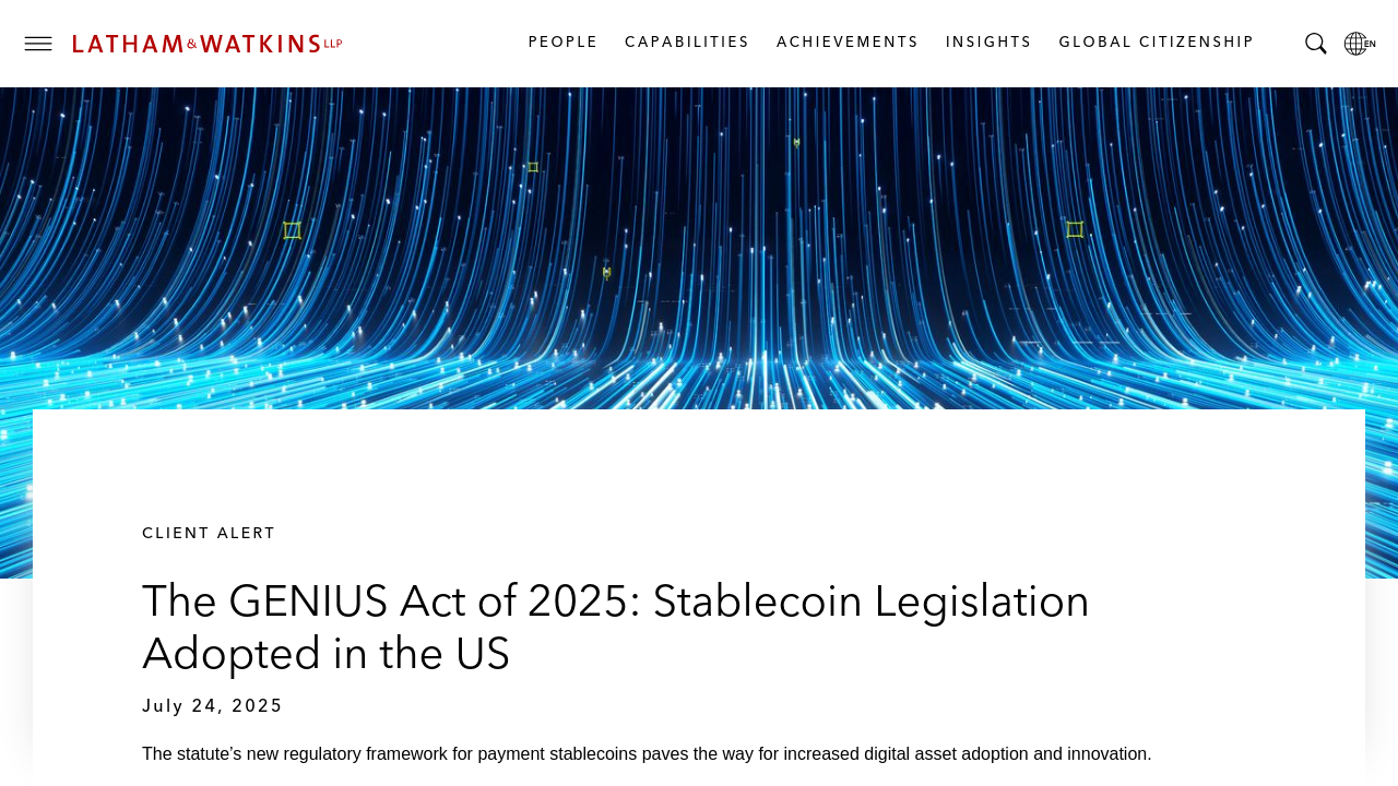 Latham & Watkins client alert and legal analysis page explaining the GENIUS Act's full legislative text and signing details.