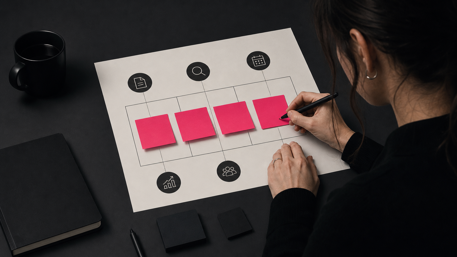 A marketing lead mapping team bottlenecks to AI tools using a lightweight selection framework and sticky notes.