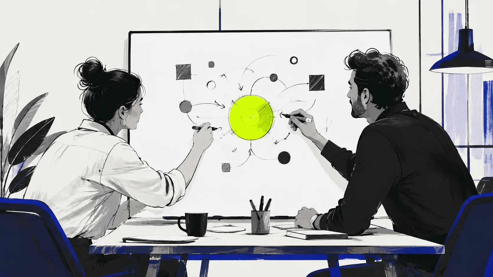Founder and launch consultant collaborating on product positioning strategy during an advisory session