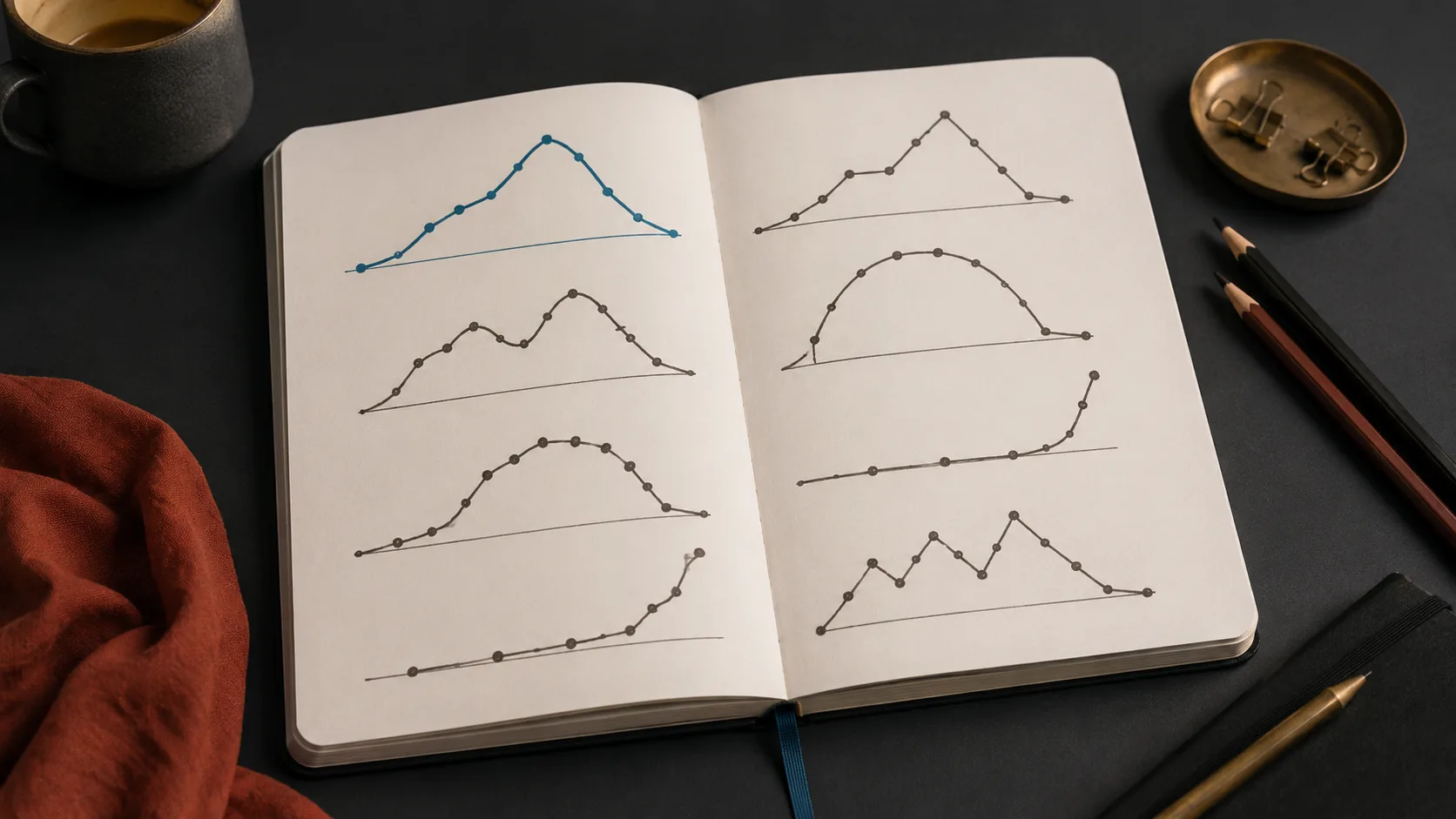 A notebook with hand-sketched story arcs showing different narrative structure patterns that writers use.