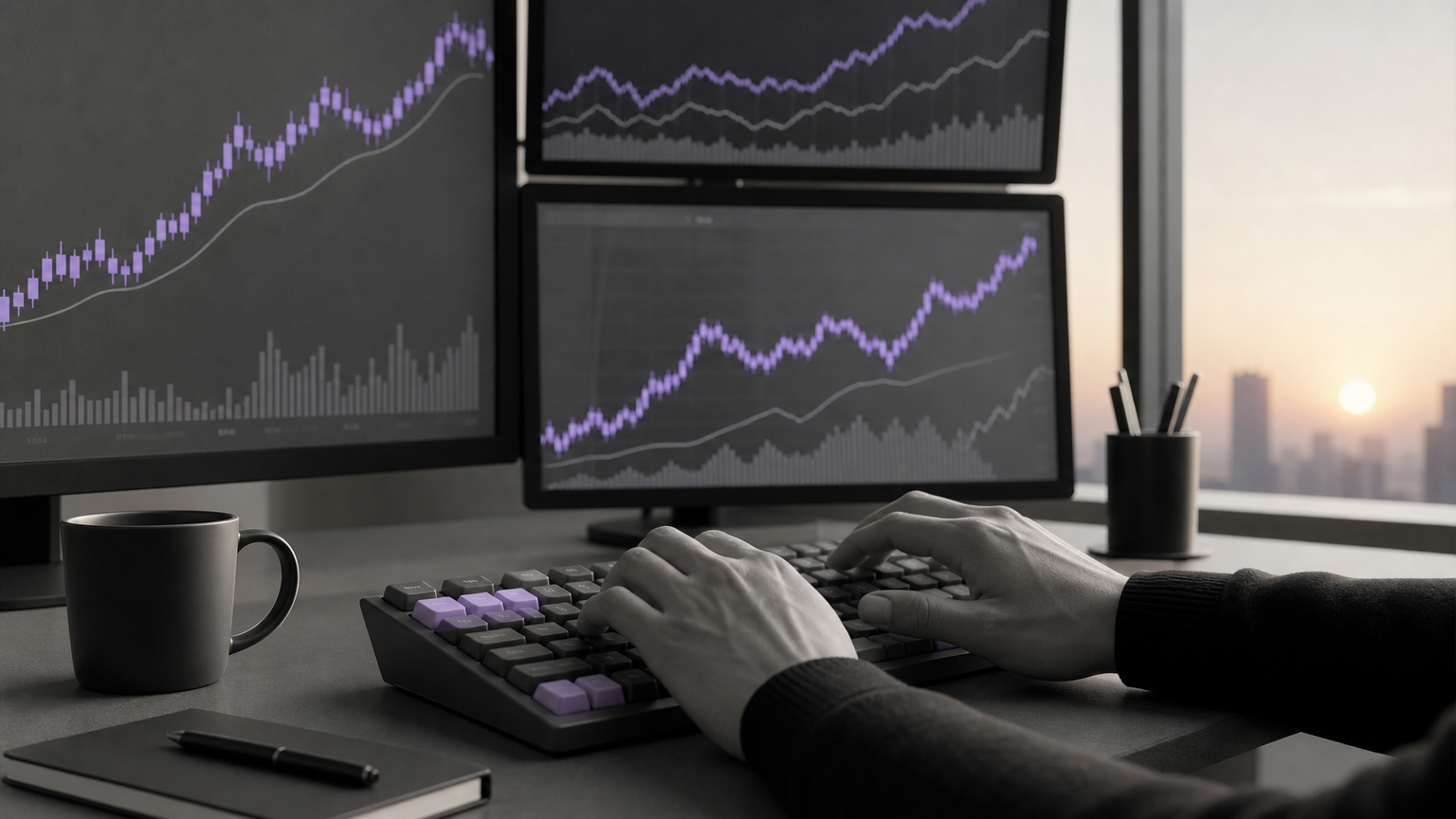 A trader working at multiple screens tracking tokenized asset positions, representing improved access and liquidity benefits.