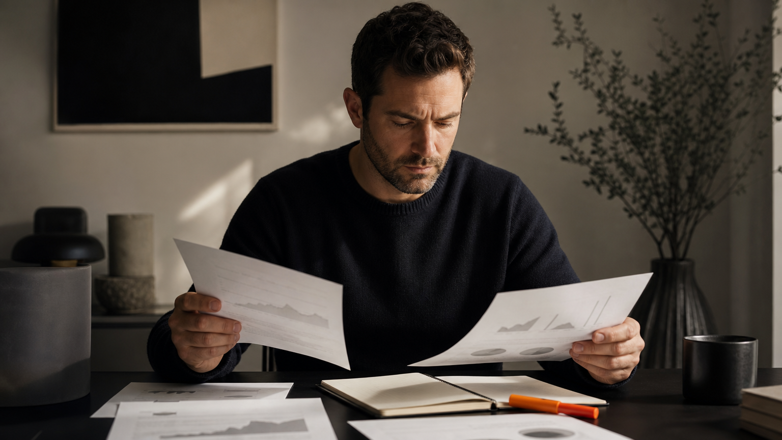 A marketer reviewing printed email analytics and baseline performance metrics at a desk with analysis notes