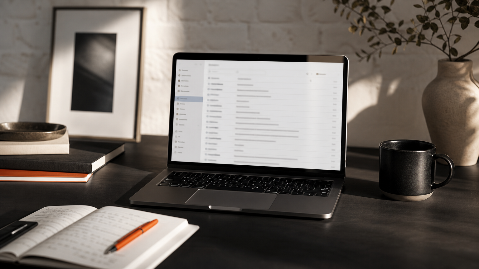 A workspace showing an open email marketing platform on a laptop screen with subscriber data and setup notes nearby