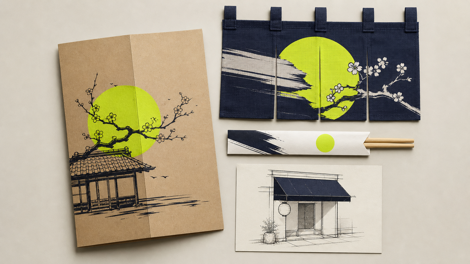 Japanese restaurant branding system showing multiple branded touchpoints including menu, awning mark, noren curtain, and chopstick packaging.