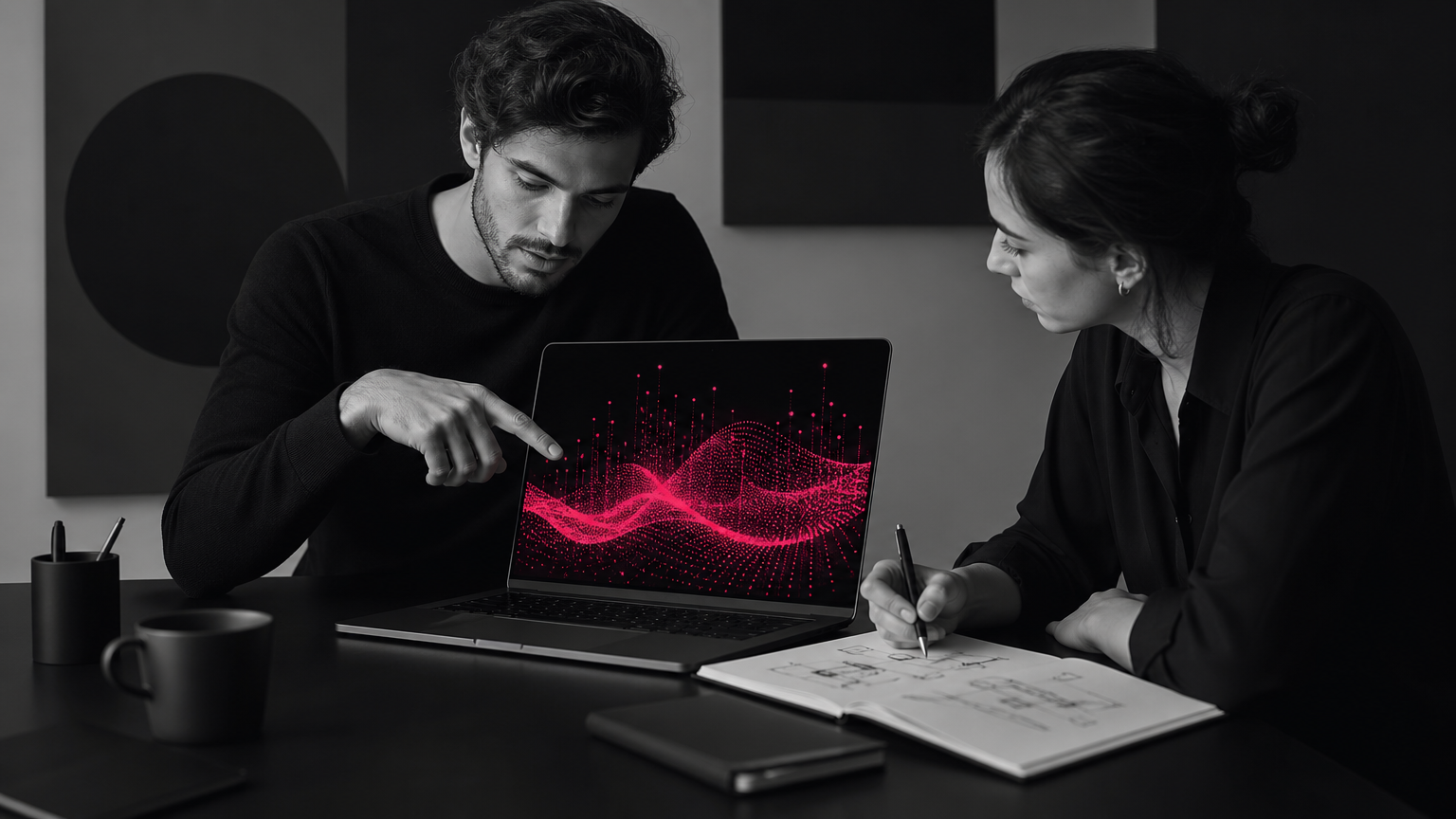 A strategist working with AI-powered insights on a laptop while directing campaign strategy with notes