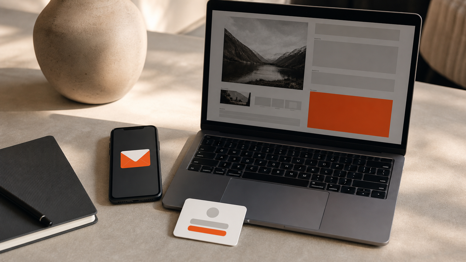 Essential affiliate marketing tools arranged on a desk: email service, page builder, and affiliate account setup.