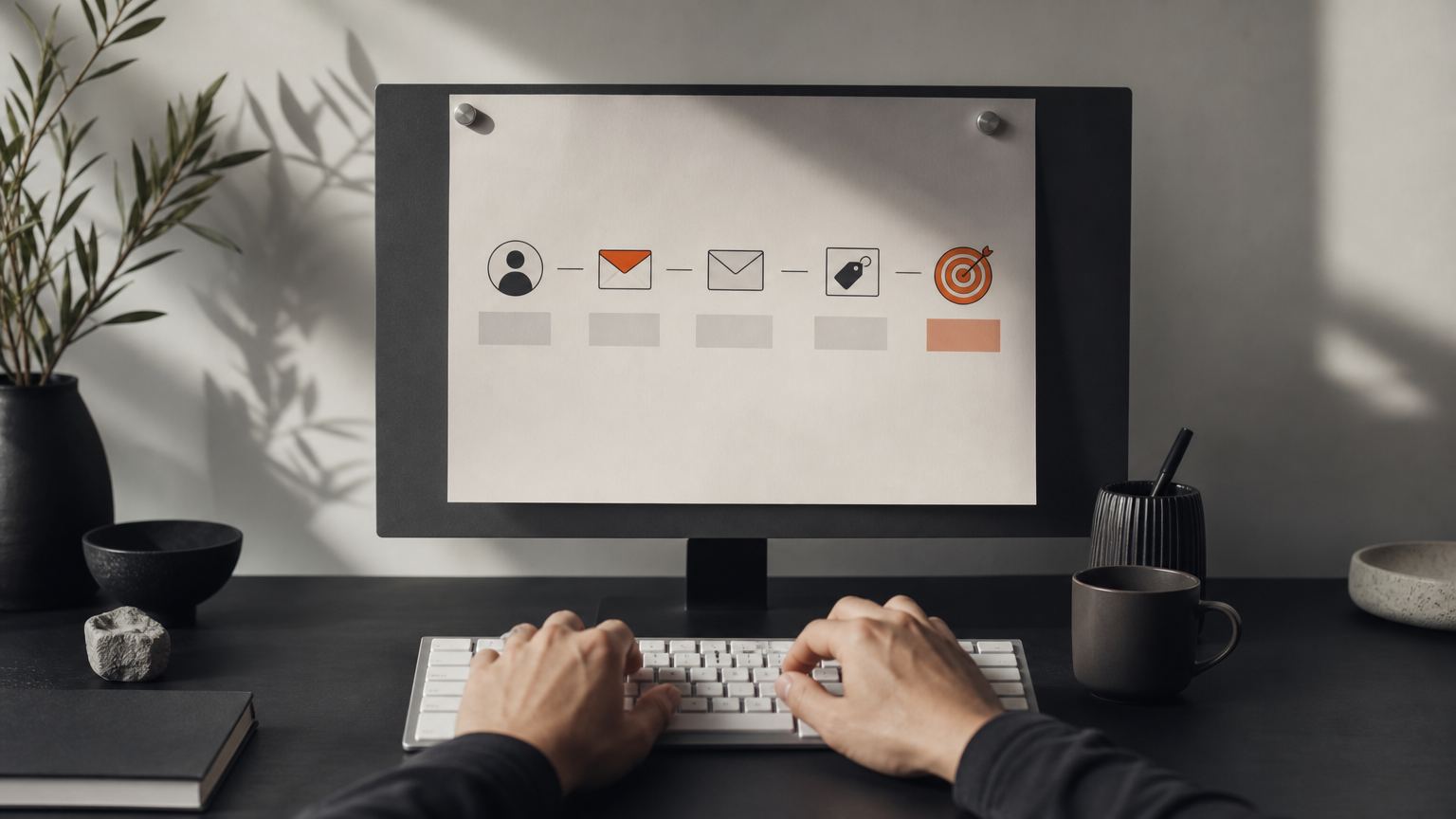 A marketer building an automated email sequence, with the funnel stages outlined above their workspace.