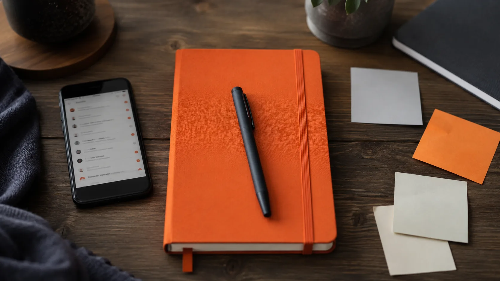 A workspace setup showing essential items for building an email marketing funnel, including a notebook and phone.